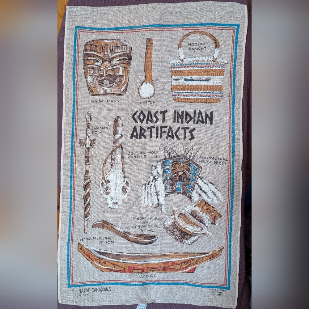 Coastal First Nation Artifacts Decorative Tea Towel - Brown & Blue
